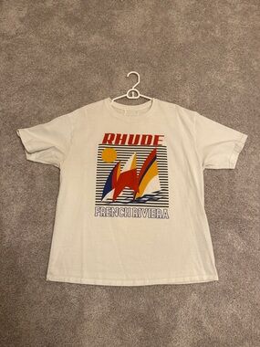 Rhude Cream Short-Sleeve Graphic Tee with Red, Blue & Yellow Sail Motif
